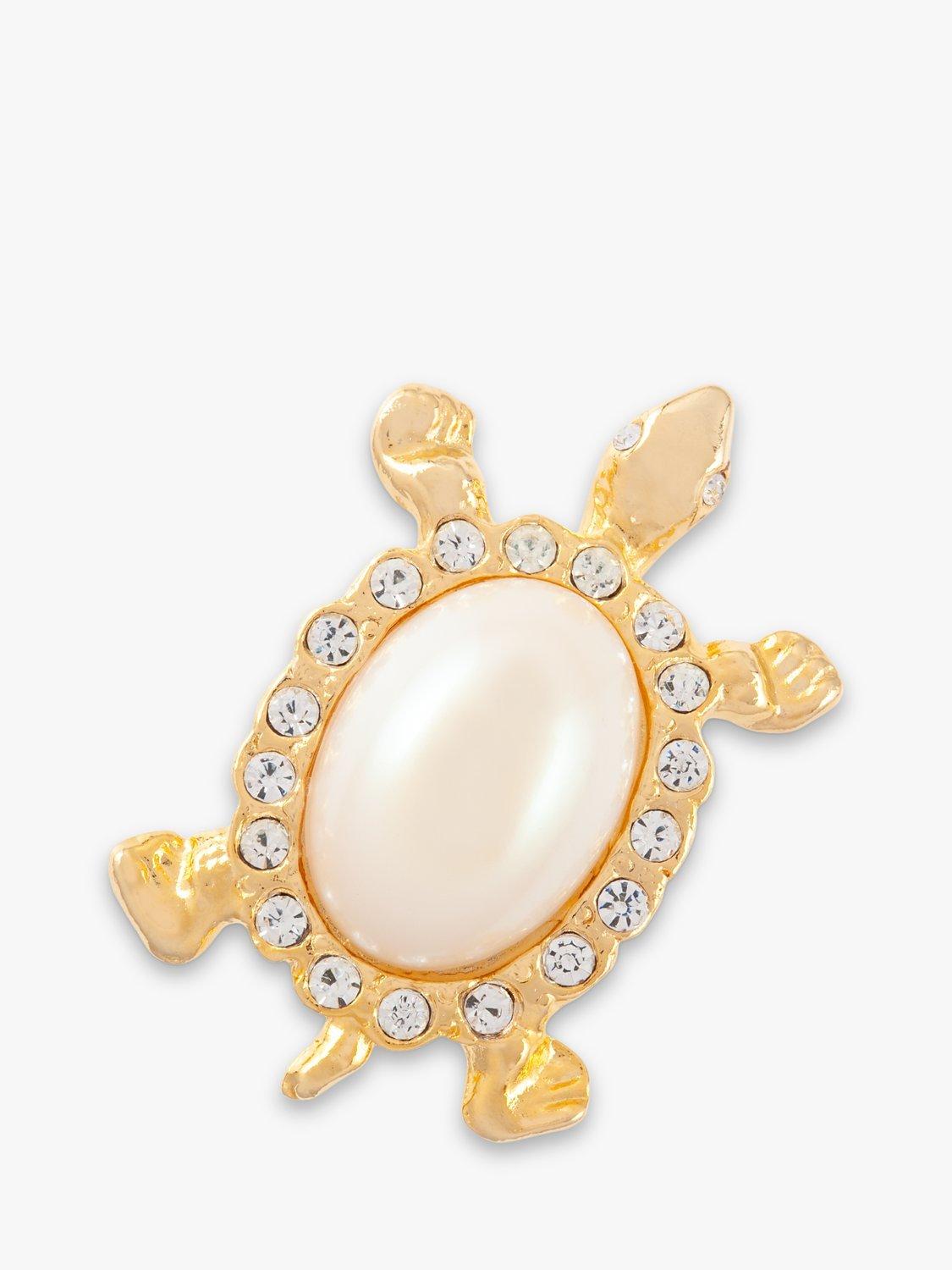 Product image 1 of 2, which shows Susan Caplan Pre-Loved Rediscovered Collection Gold Plated Swarovski Crystal & Faux Pearl Turtle Brooch, Dated Circa 1980s