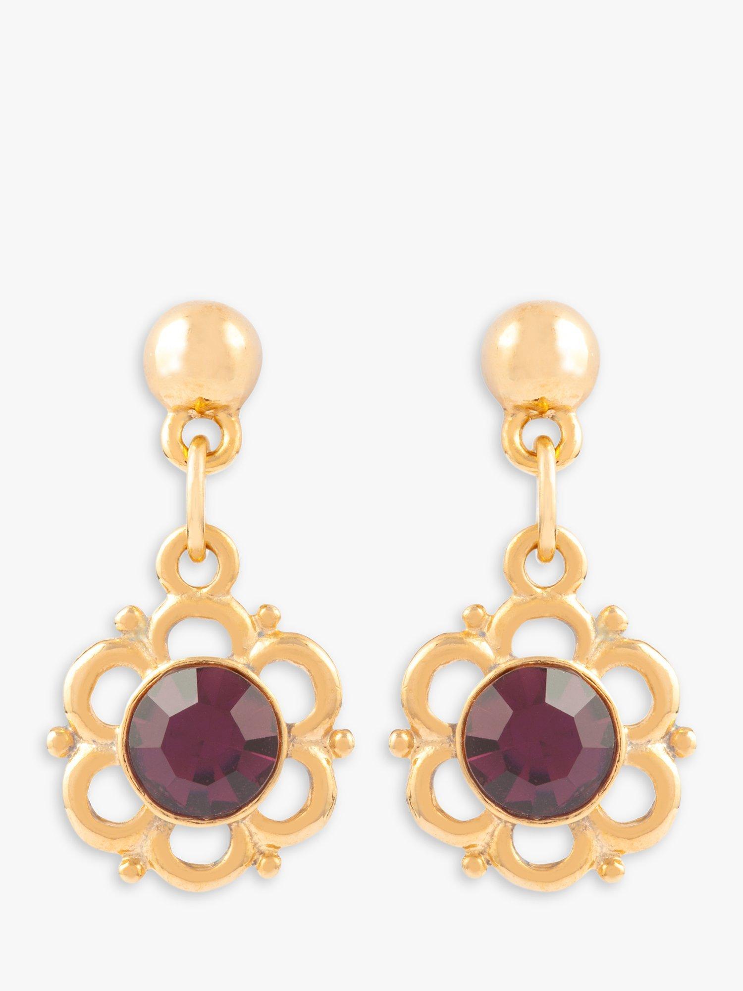 Product image 1 of 2, which shows Susan Caplan Pre-Loved Rediscovered Collection Floral Scroll Gold Plated Swarovski Crystal Drop Earrings, Dated Circa 1980s, Gold/Dark Red