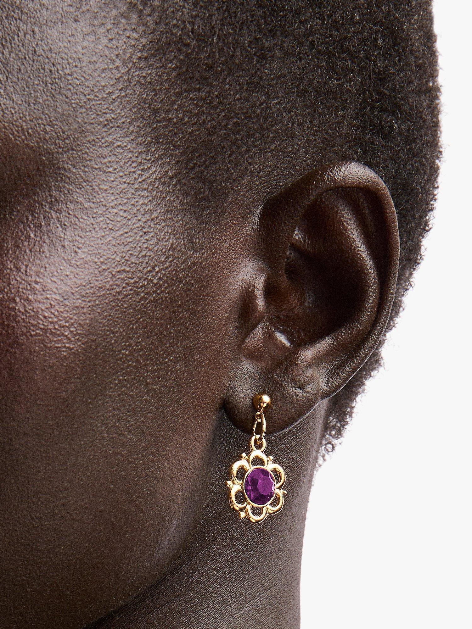 Product image 2 of 2, which shows Susan Caplan Pre-Loved Rediscovered Collection Floral Scroll Gold Plated Swarovski Crystal Drop Earrings, Dated Circa 1980s, Gold/Dark Red