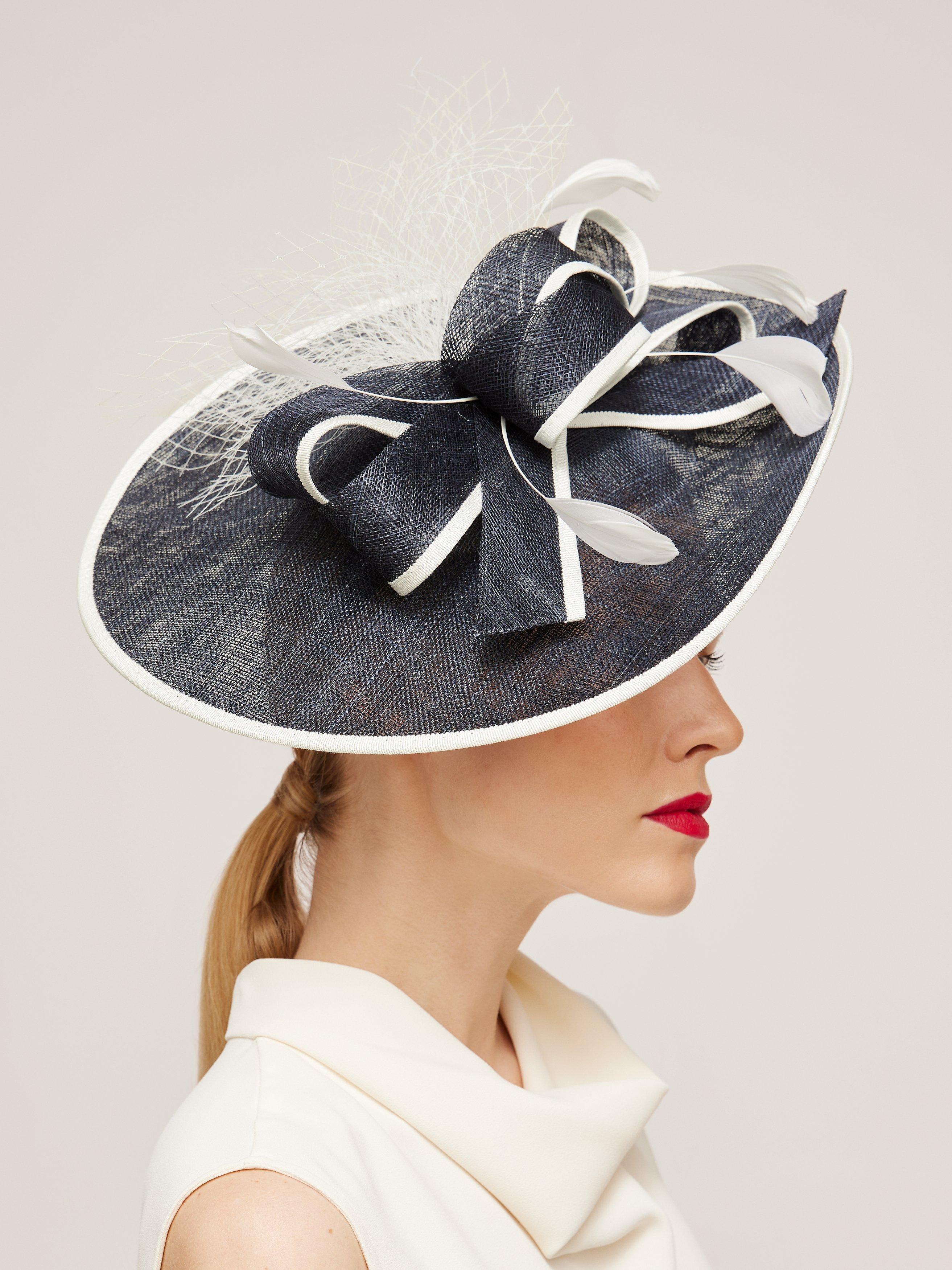 John Lewis Joanie Small Disc Feather Mesh Fascinator, Navy/Ivory