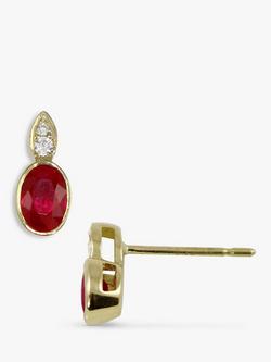 E.W Adams 18ct Yellow Gold Ruby & Diamond Stud Earrings, Gold/Red _ need diamond weight and dimensions - view 2, Gold/Red
