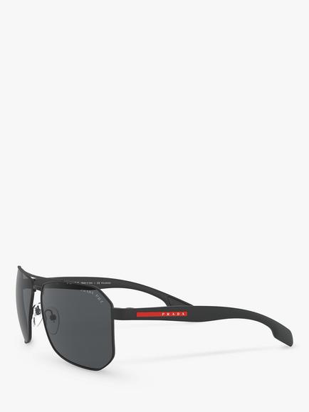 Prada Linea Rossa PS 51VS Men's Polarised Rectangular Sunglasses, Black/Grey - view 2, Black/Grey