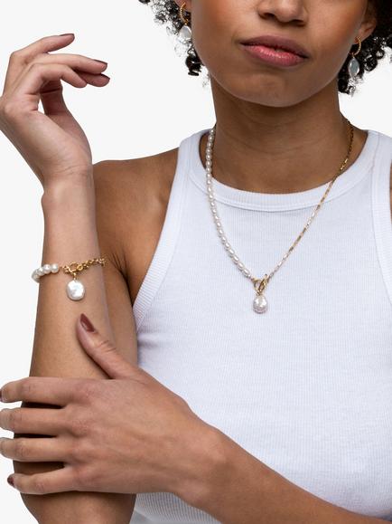 Dower & Hall Keshi Pearl and Chain Necklace, Gold/White - view 2, Gold Gold
