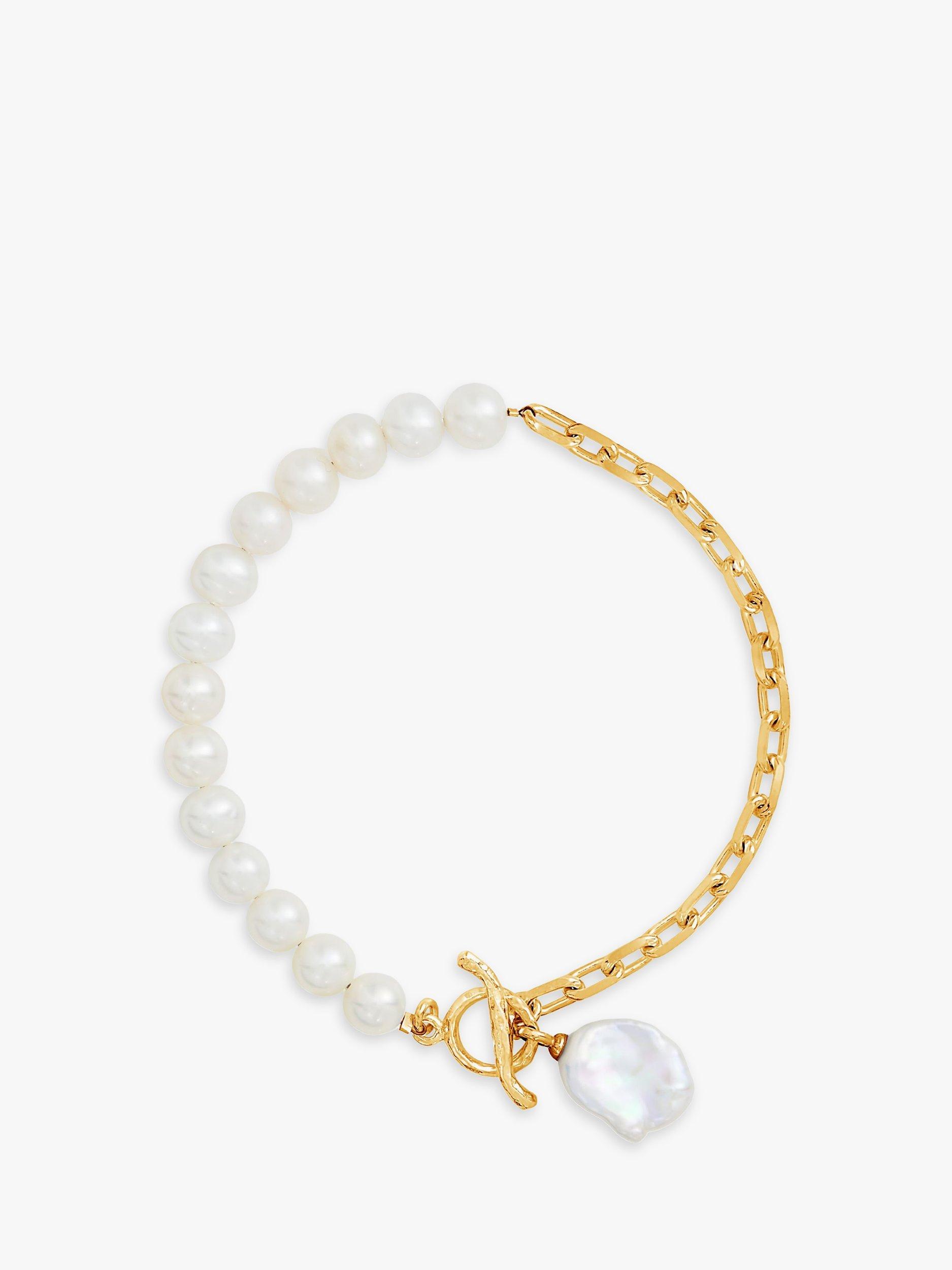 Product image 1 of 6, which shows Dower & Hall Baroque Pearl & Chain Bracelet, Gold/White