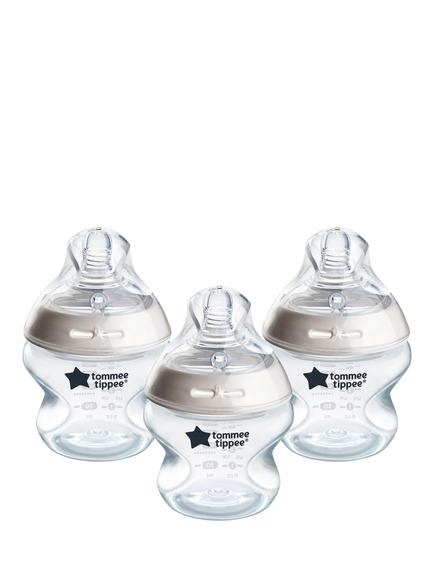 Tommee Tippee Natural Start Anti-Colic Baby Bottles with Extra Slow Flow Teats, Pack of 3, 150ml, Clear/Multi