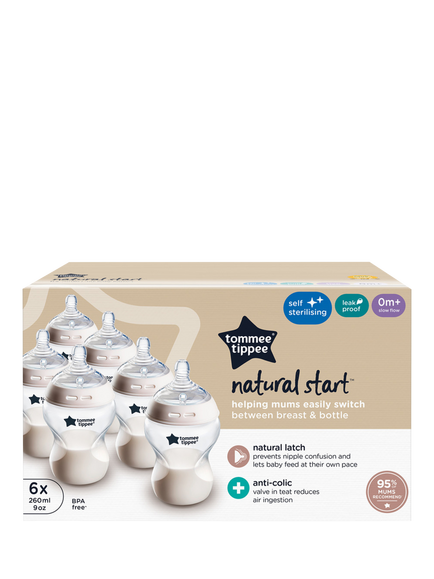 Tommee Tippee Natural Start Anti-Colic Baby Bottle with Slow Flow Teats, Pack of 6, 260ml, Clear/Multi