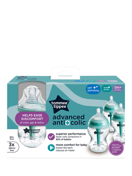 Tommee Tippee Advanced Anti-Colic Baby Bottles with Slow Flow Breast Like Teats, Pack of 3, 260ml - view 2, Clear