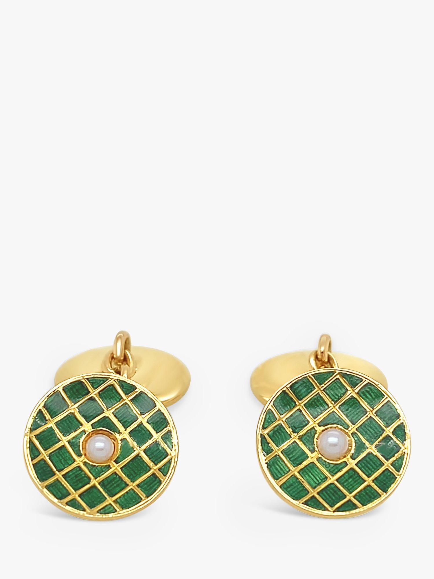 Product image 1 of 5, which shows Milton & Humble Jewellery Pre-Loved T & J Bragg 18ct Yellow Gold Enamel & Pearl Concave Disc Cufflinks