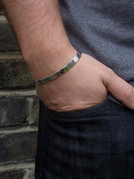 Hoxton London Men's Brick Pattern Bar Link Bracelet, Silver - view 2, Silver