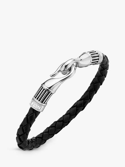 Hoxton London Men's Braided Leather Ribbed Hook Bracelet, Black/Silver, Black/Silver