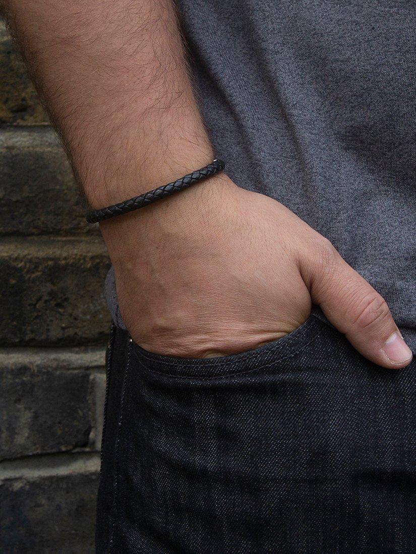 Product image 2 of 4, which shows Hoxton London Men's Braided Leather Ribbed Hook Bracelet, Black/Silver
