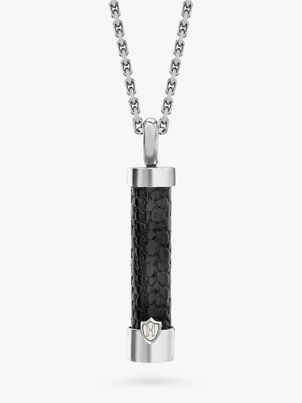 Hoxton London Men's Leather Inlay Cylinder Pendant Necklace, Silver/Black, Silver/Black