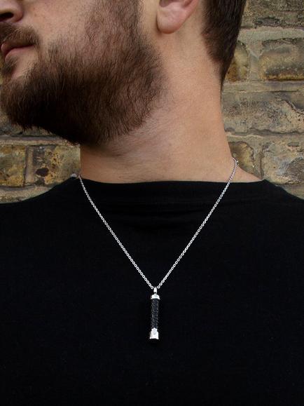 Hoxton London Men's Leather Inlay Cylinder Pendant Necklace, Silver/Black - view 2, Silver/Black