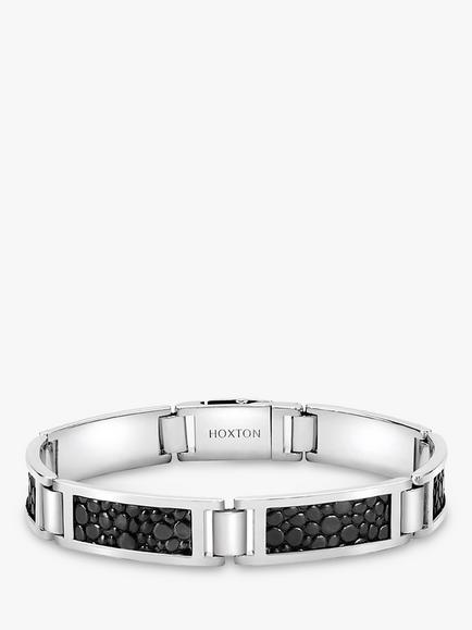 Hoxton London Men's Leather Inlay Link Bracelet, Silver/Black, Silver/Black