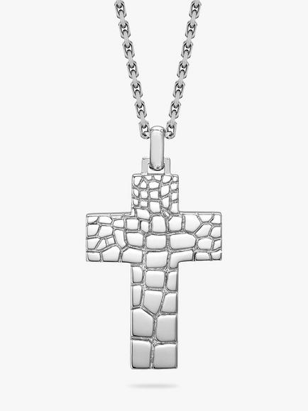 Hoxton London Men's Crocodile Pattern Cross Pendant Necklace, Silver, Silver