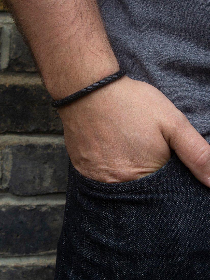 Product image 2 of 5, which shows Hoxton London Men's Sapphire Braided Leather Hook Bracelet, Black/Silver