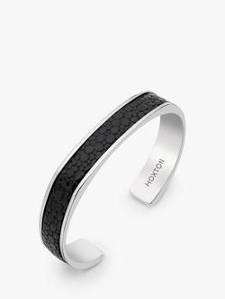 Hoxton London Men's Printed Leather Inlay Cuff Bangle, Silver/Black, Silver/Black