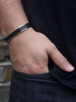 Hoxton London Men's Printed Leather Inlay Cuff Bangle, Silver/Black - view 2, Silver/Black