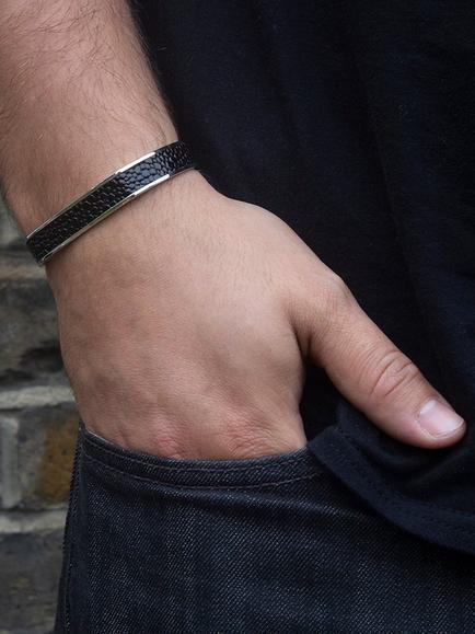 Hoxton London Men's Printed Leather Inlay Cuff Bangle, Silver/Black - view 2, Silver/Black