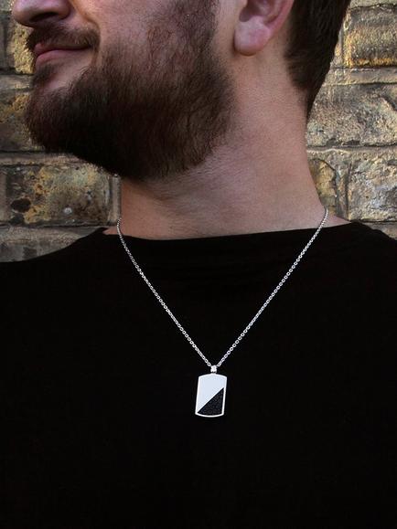Hoxton London Men's Half Leather Dog Tag Pendant Necklace, Silver/Black - view 2, Silver/Black
