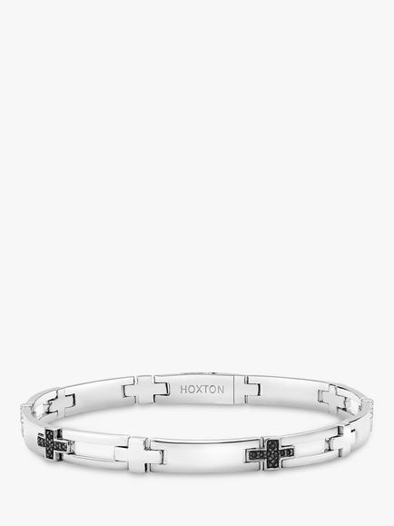 Hoxton London Men's Sapphire Set Cross Link Bracelet, Silver/Black, Silver/Black