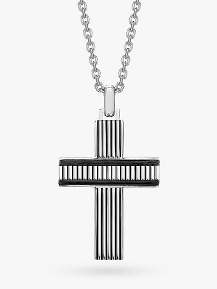 Hoxton London Men's Leather Ribbed Cross Pendant Necklace, Silver, Silver