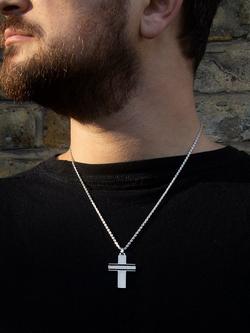 Hoxton London Men's Leather Ribbed Cross Pendant Necklace, Silver - view 2, Silver