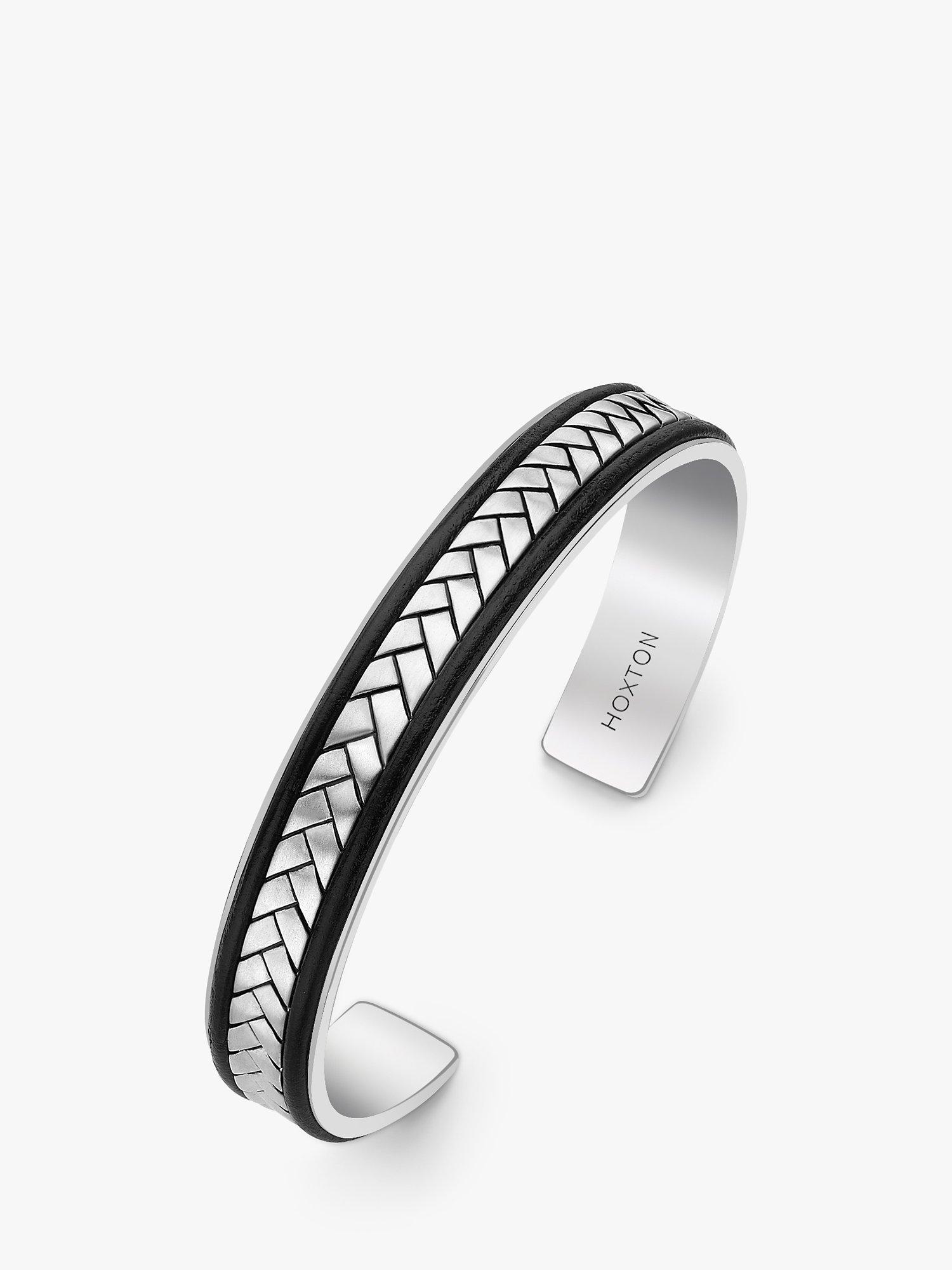 Product image 1 of 4, which shows Hoxton London Men's Herringbone Leather Inlay Cuff Bangle, Silver/Black