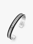 Hoxton London Men's Herringbone Leather Inlay Cuff Bangle, Silver/Black