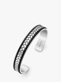 Hoxton London Men's Herringbone Leather Inlay Cuff Bangle, Silver/Black, Silver