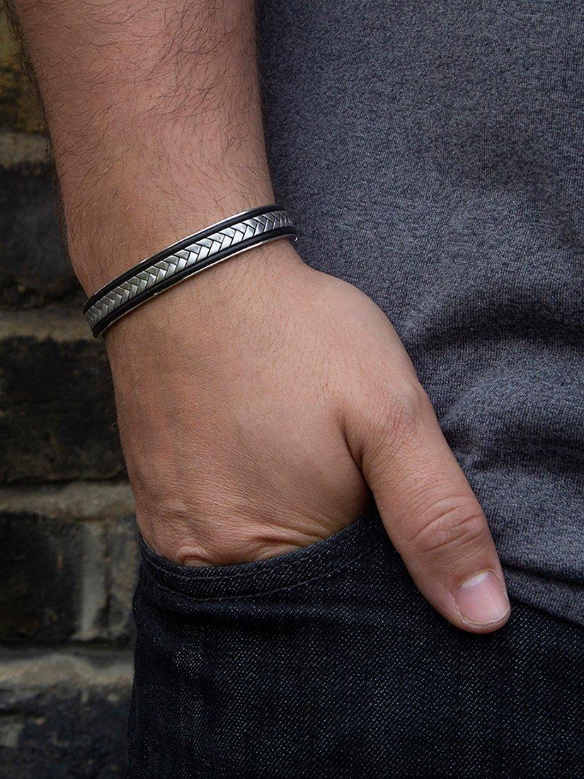 Product image 2 of 4, which shows Hoxton London Men's Herringbone Leather Inlay Cuff Bangle, Silver/Black