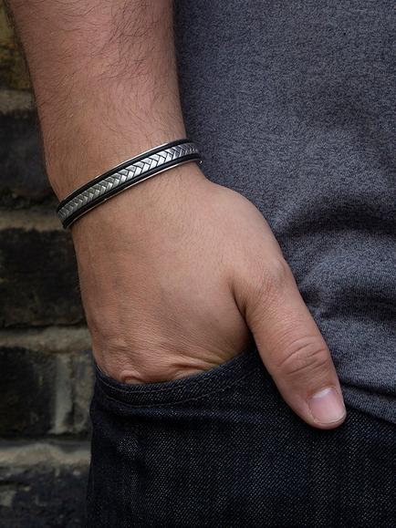 Hoxton London Men's Herringbone Leather Inlay Cuff Bangle, Silver/Black - view 2, Silver