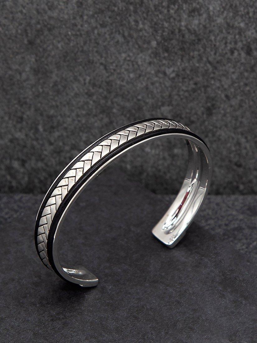 Product image 3 of 4, which shows Hoxton London Men's Herringbone Leather Inlay Cuff Bangle, Silver/Black
