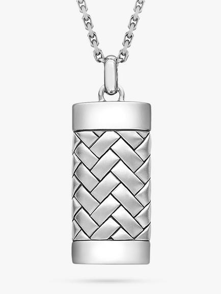 Hoxton London Men's Herringbone Rectangle Pendant Necklace, Silver, Sterling Silver