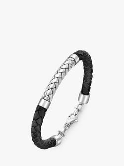 Hoxton London Men's Herringbone Braided Leather Bracelet, Black/Silver, Silver/Black
