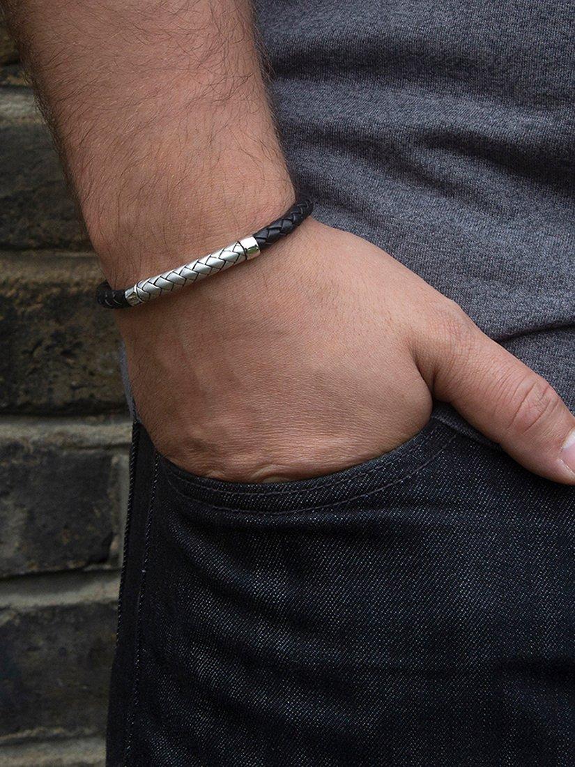 Product image 2 of 5, which shows Hoxton London Men's Herringbone Braided Leather Bracelet, Black/Silver
