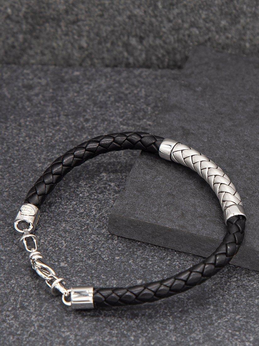 Product image 3 of 5, which shows Hoxton London Men's Herringbone Braided Leather Bracelet, Black/Silver