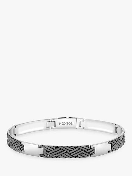 Hoxton London Men's Woven Pattern Oxidised Bar Link Bracelet, Silver, Silver