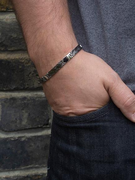 Hoxton London Men's Woven Pattern Oxidised Bar Link Bracelet, Silver - view 2, Silver