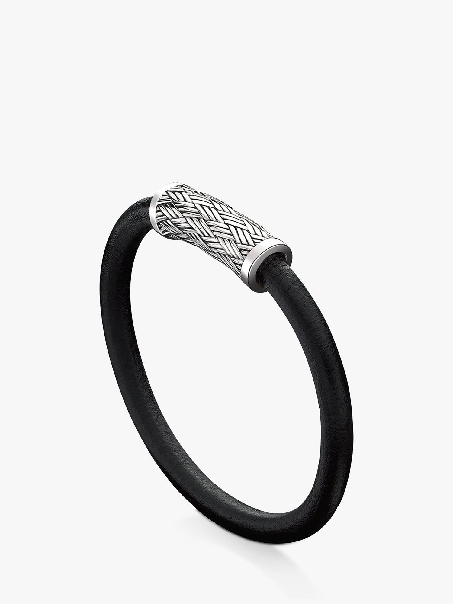 Product image 1 of 5, which shows Hoxton London Men's Woven Silver & Leather Bracelet, Black/Silver