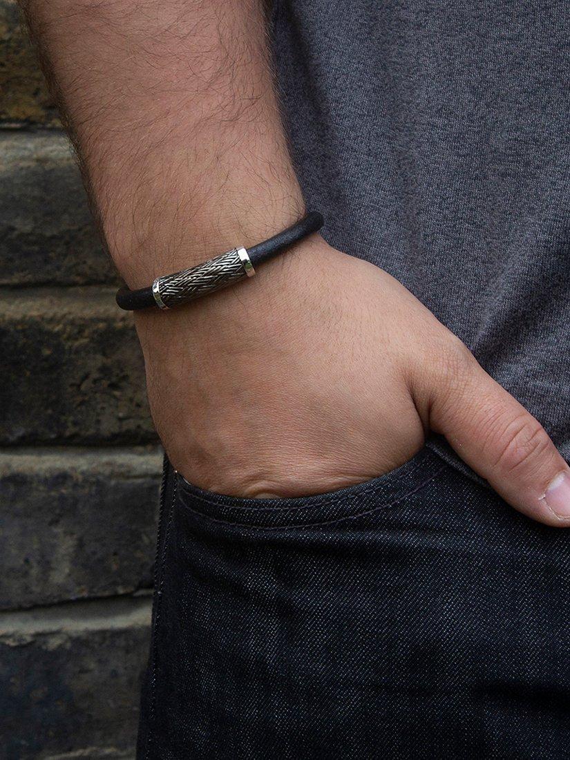 Product image 2 of 5, which shows Hoxton London Men's Woven Silver & Leather Bracelet, Black/Silver