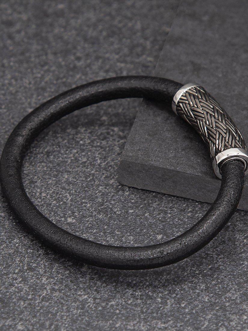 Product image 3 of 5, which shows Hoxton London Men's Woven Silver & Leather Bracelet, Black/Silver