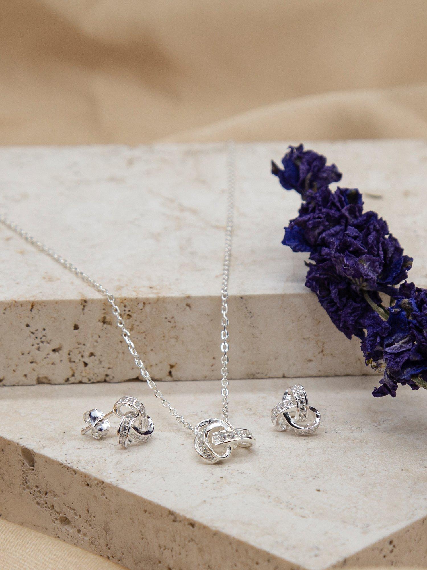 IBB Sterling Silver Cubic Zirconia Knot Earrings & Necklace Gift Set