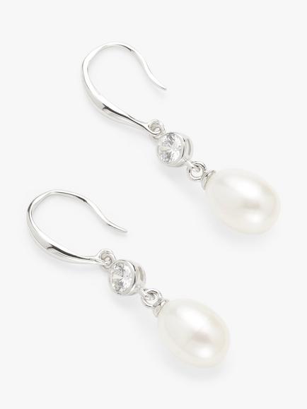 Lido Solitaire Cubic Zirconia & Freshwater Pearl Hook Earrings, Silver/White, Silver/White