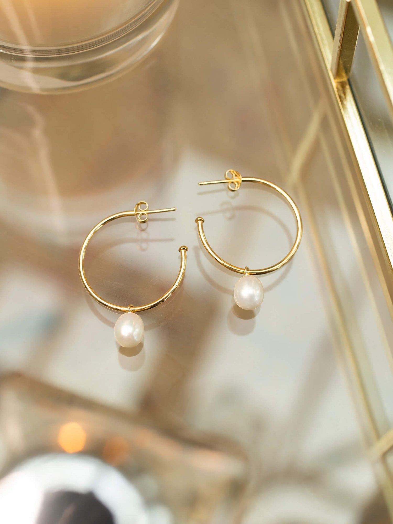 Product image 3 of 5, which shows Claudia Bradby Pearl Drop Hoop Earrings, Gold