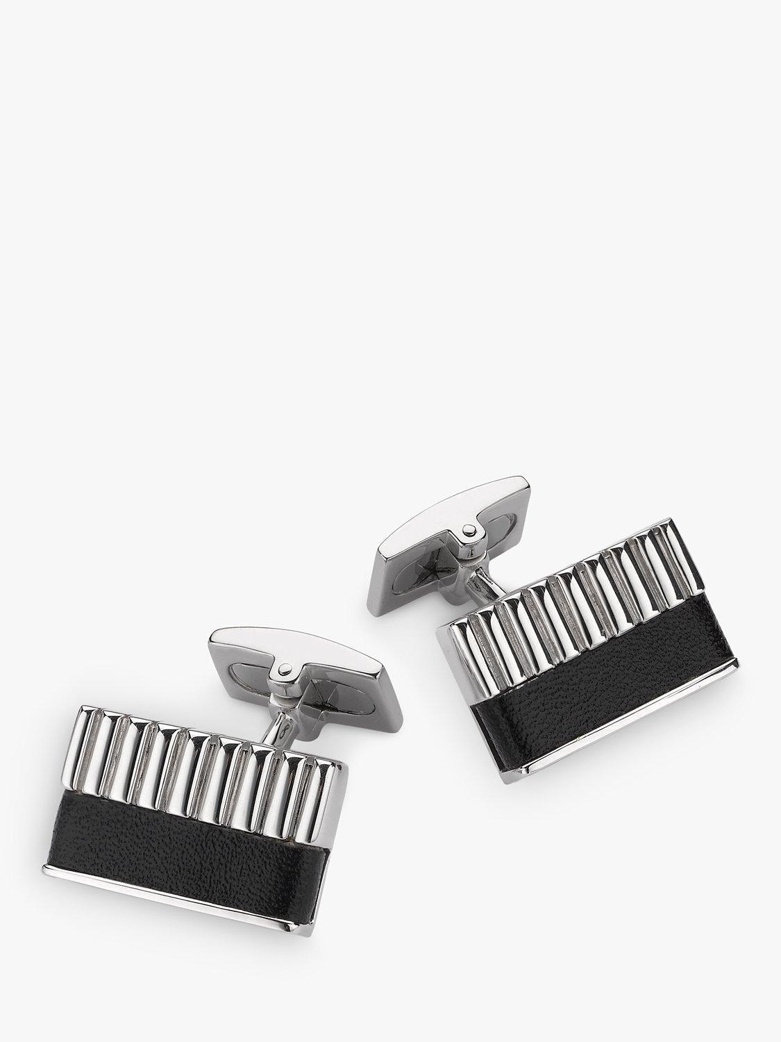 Hoxton London Bold Leather Rib Rectangle Cufflinks, Silver/Black