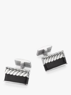 Hoxton London Bold Leather Twist Rectangle Cufflinks, Silver/Black, Silver