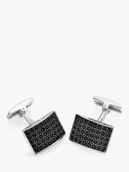 Hoxton London Cubic Zirconia Curve Rectangle Cufflinks, Silver/Black, Silver/Black