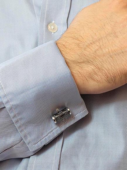 Hoxton London Woven Pattern Cylinder Oxidised Cufflinks, Silver - view 2, Silver