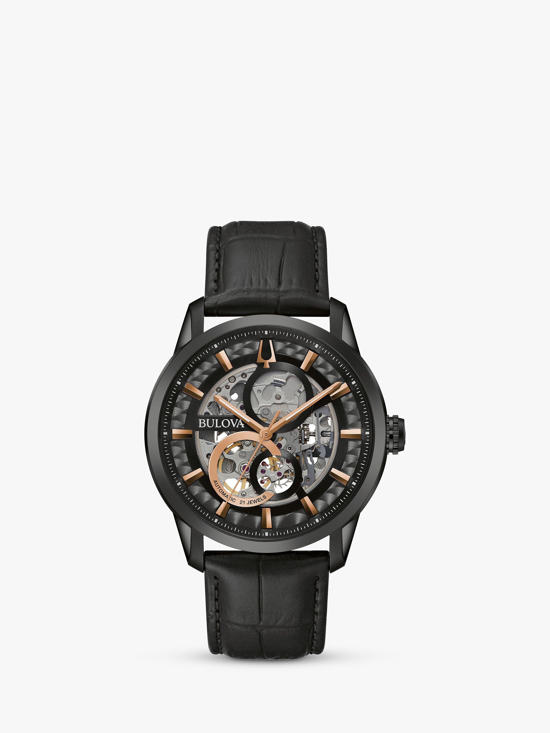 Bulova Men's Sutton Skeleton Automatic Leather Strap Watch, Black 98A283